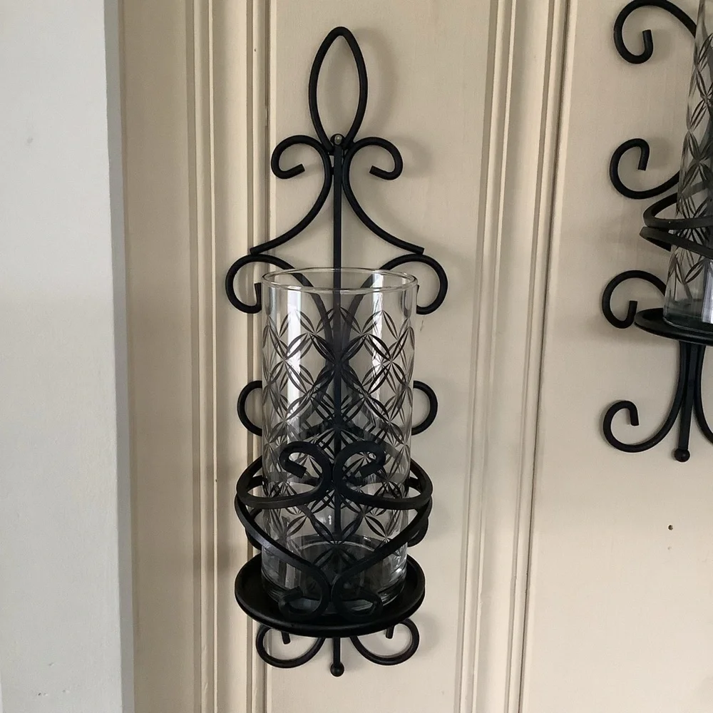 Vintage Black Coated Brass Swirl Wall Sconces Glass Candle Holders Candelabra